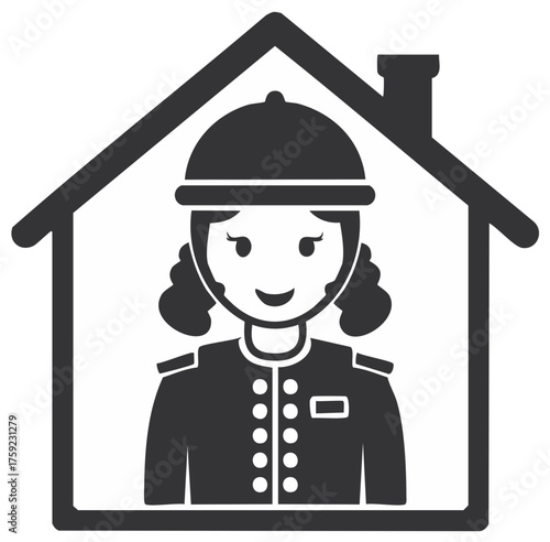 Vector icon of a smiling female concierge or doorman in uniform inside a house outline for hospitality services.