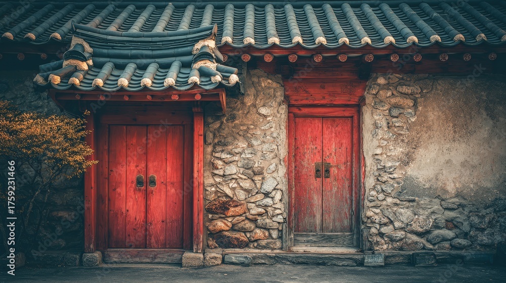 Fototapeta premium Aged, weathered architecture showcases two vibrant red wooden doors under a detailed tiled roof, contrasted by stone and aged stucco wall textures with a muted, vintage aesthetic, capturing a sense...