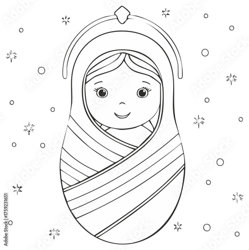 Illustration of a Traditional Russian Nesting Doll with Snowflakes on White Background