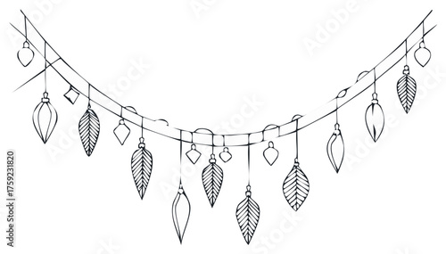 Hand-drawn festive garland with leaf and bauble ornaments on a string