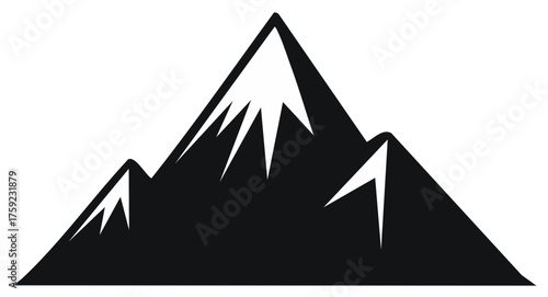 Graphic black and white jagged mountain range silhouette with sharp peaks and snowy highlights