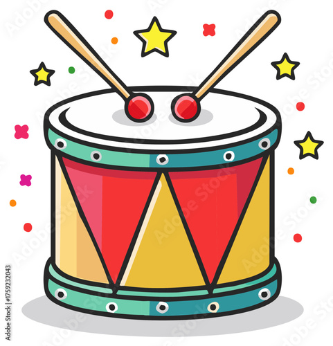 Colorful cartoon drum with drumsticks, stars, and confetti, representing music, celebration, and playtime