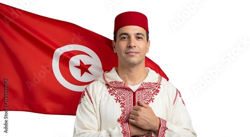 Proud Tunisian man in traditional national costume, wearing a red chechia hat and jabador, smiling in front of the Tunisian flag