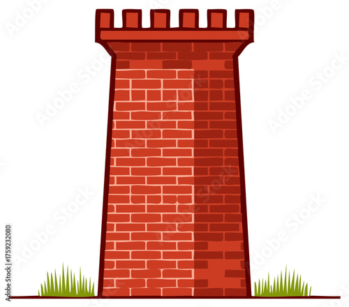 Red brick tower with battlements and grass illustration, historical building design