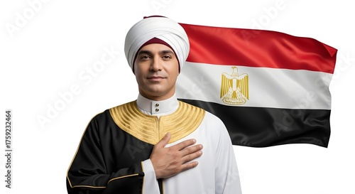 Portrait of a patriotic Egyptian man in traditional cultural attire with his hand on his heart, showing pride and respect with the national flag of Egypt