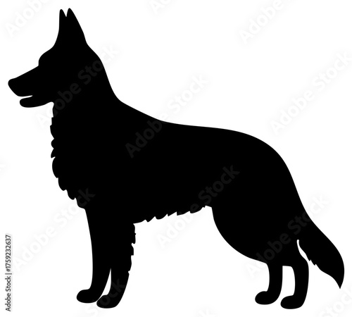 Detailed black silhouette profile of a strong standing dog with pointed ears and a long tail