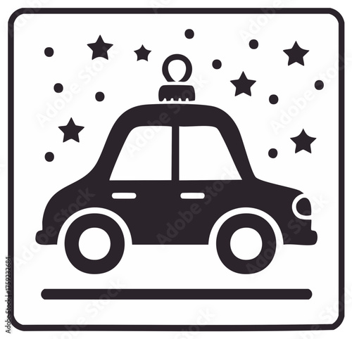 Stylized police car with stars illustration within a square frame, in simple black and white.