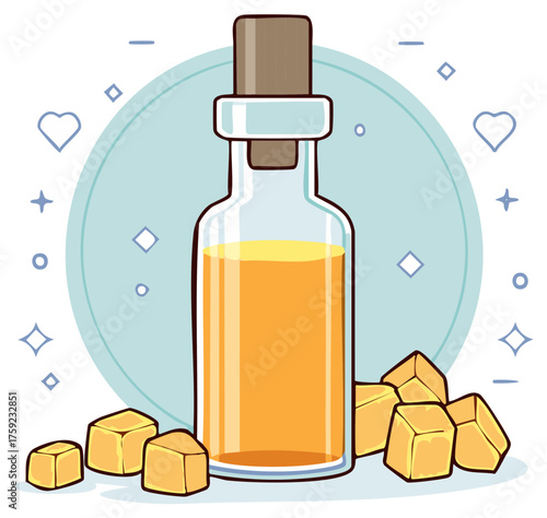 Glass bottle filled with golden liquid and caramel cubes surrounding it
