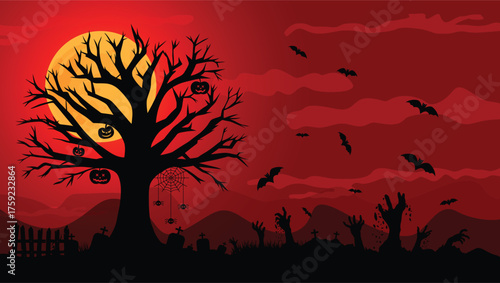 Halloween background, iSpooky Halloween Night with Full Moon, Bats, Zombie Hands