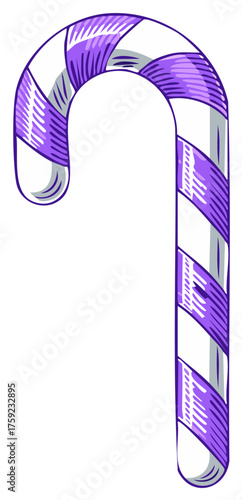 Whimsical purple and white candy cane artwork featuring hatching and vintage engraving style, isolated on a white background, celebration icon.