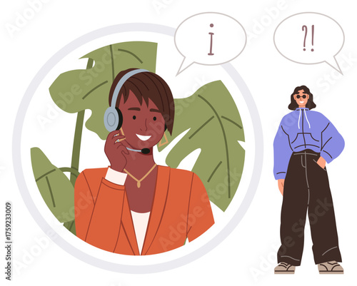 Smiling customer service agent wearing a headset, engaging in conversation with another person. Ideal for business communication, remote support, customer assistance, online services, user