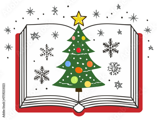 Illustrated open book with Christmas tree and falling snowflakes winter holiday scene