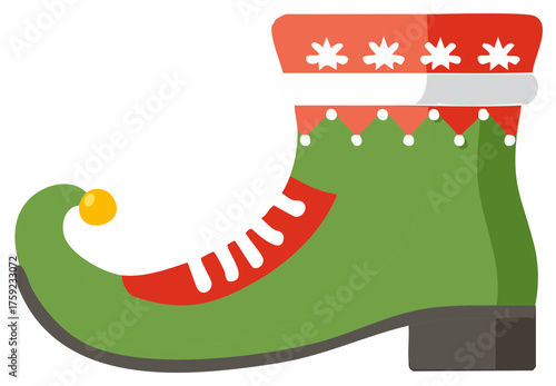 Festive elf shoe illustration. Green and red shoe with stars and pompom detail.