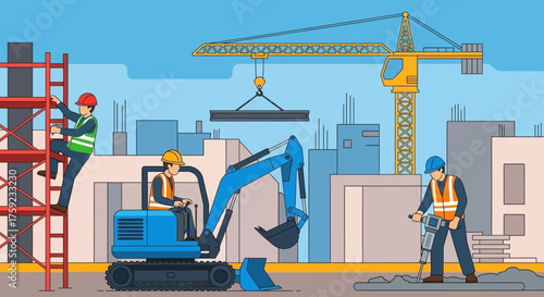 Construction workers building city infrastructure with crane excavator and jackhammer Urban development