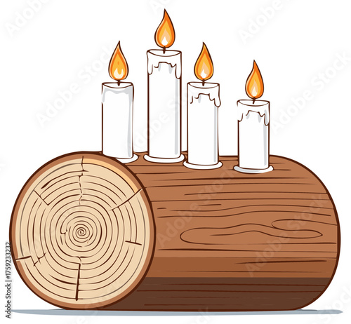 Burning Holiday Candles atop a Rustic Yule Log Wood Grain Christmas Decoration Vector Illustration