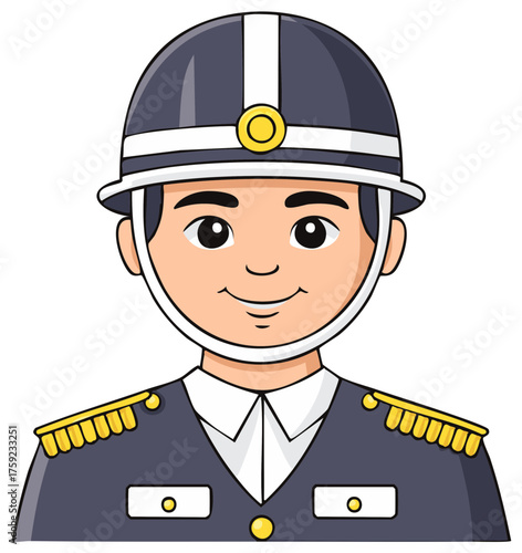 Cartoon illustration of a friendly smiling man in a dark blue uniform and helmet