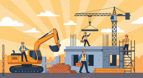 Busy construction site with workers excavator and crane building a structure under a bright sky