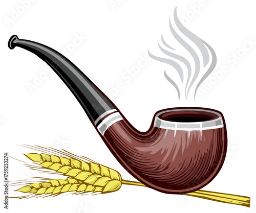 Vintage Tobacco Pipe with Wheat Ear and Smoke Illustration