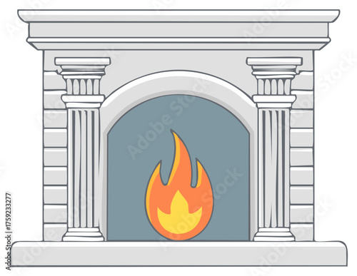 Classic Stone Fireplace with Burning Flame Vector Cartoon Illustration Home Decor