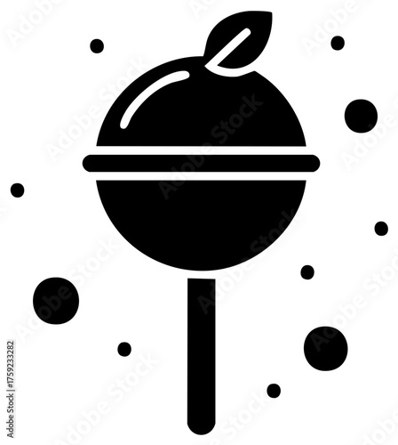 Black silhouette icon of a sweet lollipop candy with a leaf and surrounding dots