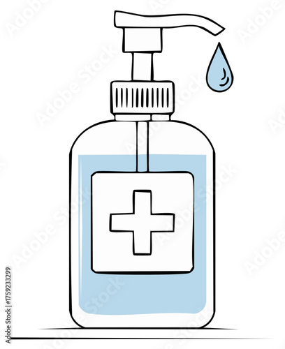 Simple hand-drawn illustration of an antibacterial hand sanitizer bottle with a medical cross symbol.