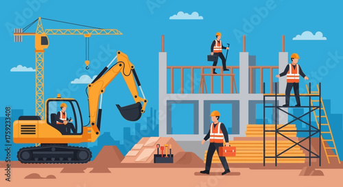 Busy construction site with workers excavator crane and building under development