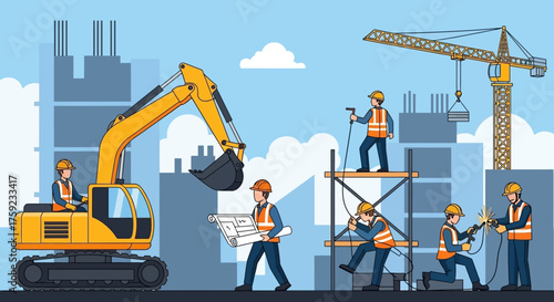 Construction workers building a city with heavy machinery and blueprints Industry development teamwork