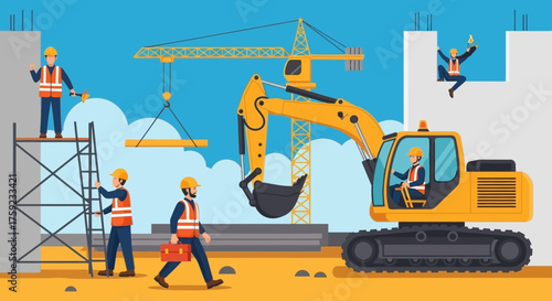 Building construction progress with workers heavy equipment and teamwork at a busy site