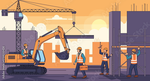 Construction workers operate machinery on a building site showing urban development and teamwork