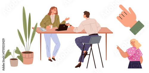 Two colleagues collaborating at a desk with a laptop, coffee, and potted plants. Includes hand gestures and casual attire. Ideal for teamwork, communication, office culture, brainstorming