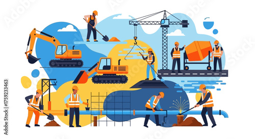 Construction site with workers and heavy machinery building infrastructure Teamwork and progress