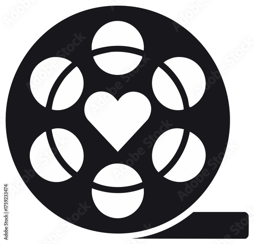 Creative vector icon of a film reel with a love heart and medical pills for cinema or health concepts