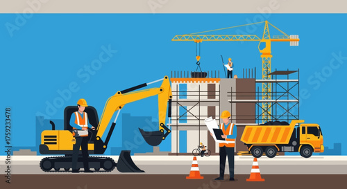 Busy construction site with workers excavator dump truck and crane building a structure