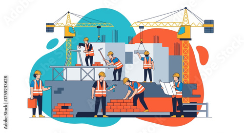 Construction workers building a new structure with cranes symbolizing teamwork and development