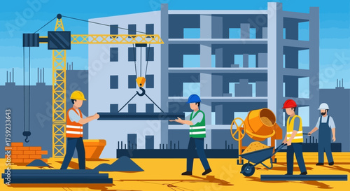 Construction workers building a new highrise structure with crane and equipment Teamwork progress urban development