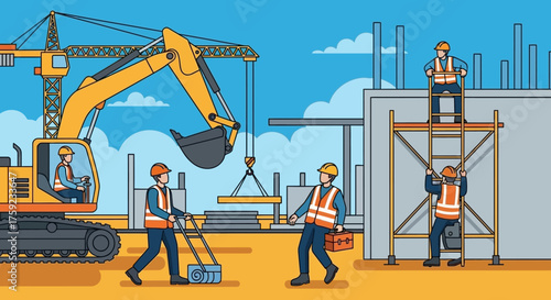 Construction workers operate heavy machinery at a busy building site representing industry and growth