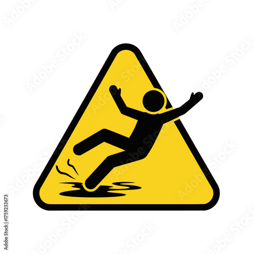 A yellow triangular sign warns of a slippery floor with a falling figure, indicating a potential hazard and the need for caution in the area.