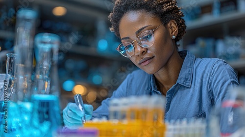Portrait of young Black female scientist looking under microscope in modern laboratory