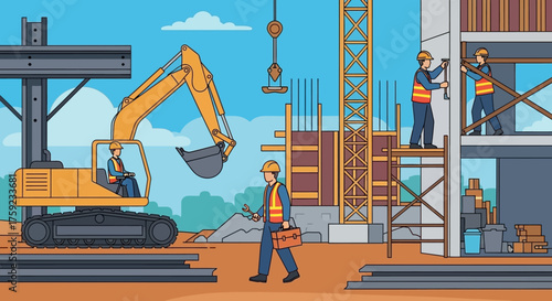 Construction site with workers and heavy machinery actively building symbolizing industry and progress