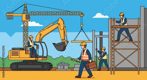 Construction workers operate heavy machinery like cranes and excavators at a building site