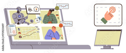 Robot processing data, charts, and student mood analysis displayed on a laptop. Data visualization, behavioral feedback, and technology concepts. Ideal for education, AI tools, analytics innovation