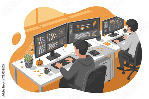Two developers coding in an office workspace with festive Halloween decorations Technology teamwork