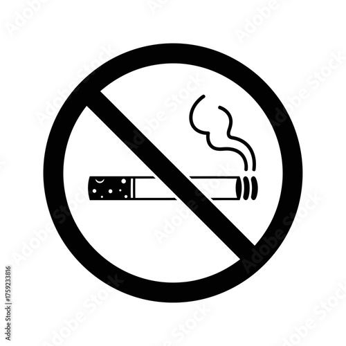 A clear black and white graphic symbol indicating no smoking is allowed, featuring a cigarette with smoke crossed out by a red circle and diagonal line.