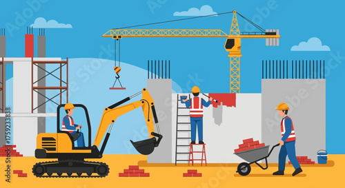 Workers busy at a construction site with excavator and crane Building development and industry concept