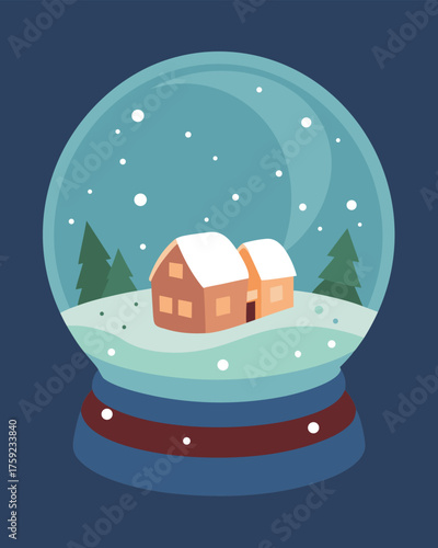 Illustration of a snow globe with a house inside, a winter scene isolated on blue background