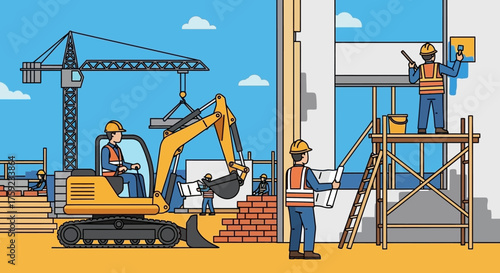 Construction workers on a busy site operating heavy machinery and building a new structure