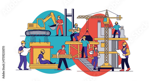 Construction site with workers and machinery representing building development and teamwork