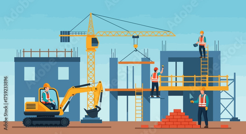 Construction site with workers crane excavator building a modern structure Teamwork development industry