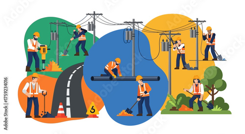 Busy construction workers performing diverse infrastructure maintenance and development tasks