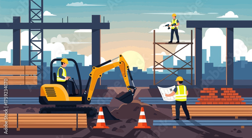 Construction workers and excavator building modern urban infrastructure at a busy site